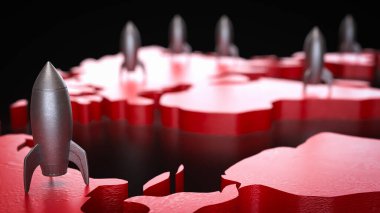 Kırmızı dünya haritasında roket 3d Hazırlama.