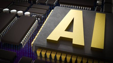 Teknoloji veya IT konsepti 3D Yapılandırma Çipinde Altın Yapay Zeka.