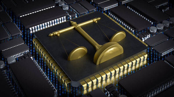 Золотые Весы на чипе для технологии или концепции закона 3d Rendering.