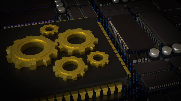 Gold Gear on Chip for Technology or IT concept 3d Rendering.