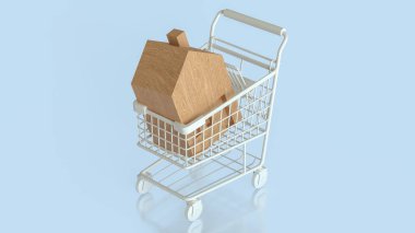 Mülkiyet veya gayrimenkul konsepti için alışveriş arabasındaki ev 3D.