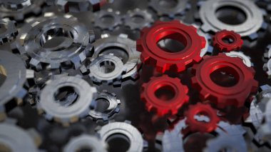 Mühendislik için kırmızı dişli veya takım çalışması konsepti 3d oluşturma.