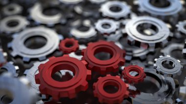 Mühendislik için kırmızı dişli veya takım çalışması konsepti 3d oluşturma.