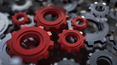 Mühendislik için kırmızı dişli veya takım çalışması konsepti 3d oluşturma.