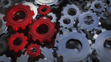 Mühendislik için kırmızı dişli veya takım çalışması konsepti 3d oluşturma.