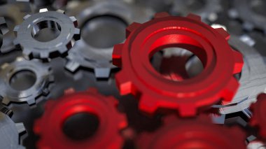 Mühendislik için kırmızı dişli veya takım çalışması konsepti 3d oluşturma.