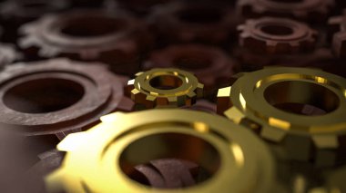 Mühendislik veya takım çalışması konsepti 3D oluşturma için altın dişli.