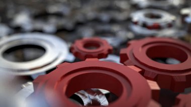 Mühendislik için kırmızı dişli veya takım çalışması konsepti 3d oluşturma.