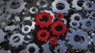 Mühendislik için kırmızı dişli veya takım çalışması konsepti 3d oluşturma.