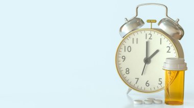 Tıbbi konsept için ilaç ve saat 3 boyutlu oluşturma.