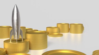 İş Konsepti 3D Hazırlama için gümüş roket ve altın sikkeler.