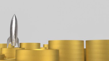 İş Konsepti 3D Hazırlama için gümüş roket ve altın sikkeler.