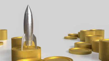 İş Konsepti 3D Hazırlama için gümüş roket ve altın sikkeler.
