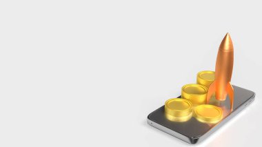 İş konsepti 3D Hazırlama için cep telefonuna roket ve madeni paralar.
