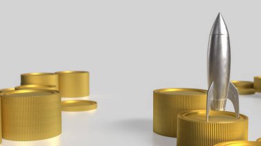 İş Konsepti 3D Hazırlama için gümüş roket ve altın sikkeler.