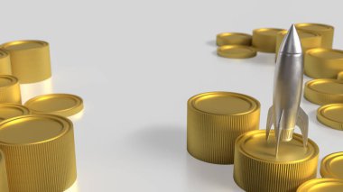 İş Konsepti 3D Hazırlama için gümüş roket ve altın sikkeler.