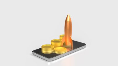 İş konsepti 3D Hazırlama için cep telefonuna roket ve madeni paralar.