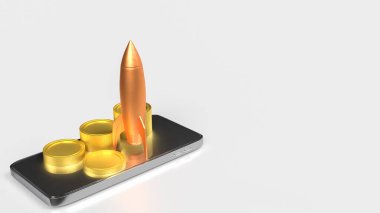 İş konsepti 3D Hazırlama için cep telefonuna roket ve madeni paralar.