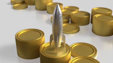 İş Konsepti 3D Hazırlama için gümüş roket ve altın sikkeler.