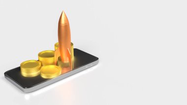 İş konsepti 3D Hazırlama için cep telefonuna roket ve madeni paralar.
