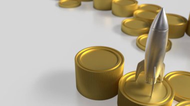 İş Konsepti 3D Hazırlama için gümüş roket ve altın sikkeler.