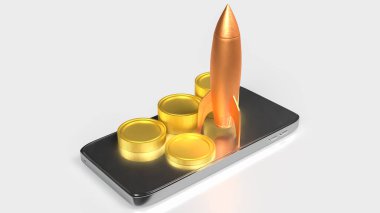 İş konsepti 3D Hazırlama için cep telefonuna roket ve madeni paralar.