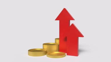 Kırmızı Ok Yukarı ve İş Konsepti 3D Hazırlama için altın sikkeler.