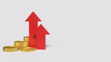 Kırmızı Ok Yukarı ve İş Konsepti 3D Hazırlama için altın sikkeler.