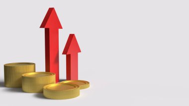 Kırmızı Ok Yukarı ve İş Konsepti 3D Hazırlama için altın sikkeler.