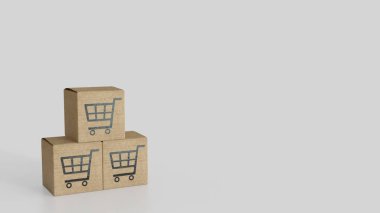 Pazarlama konsepti 3d Hazırlama için Kart Kurulu ve Alışveriş Arabası simgesi.