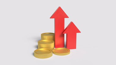 Kırmızı Ok Yukarı ve İş Konsepti 3D Hazırlama için altın sikkeler.