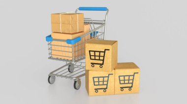 Pazarlama konsepti 3d Hazırlama için Kart Kurulu ve Alışveriş Arabası simgesi.
