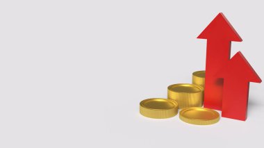 Kırmızı Ok Yukarı ve İş Konsepti 3D Hazırlama için altın sikkeler.