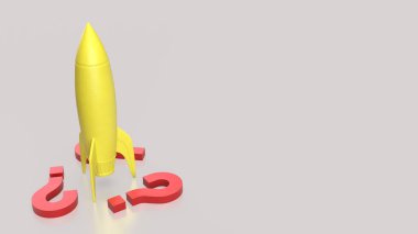  Başlangıç konsepti 3d Hazırlama için sarı roket ve kırmızı soru işareti.