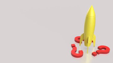  Başlangıç konsepti 3d Hazırlama için sarı roket ve kırmızı soru işareti.