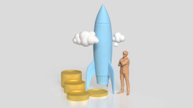 Başlangıç konsepti 3d Hazırlama için roket ve madeni paralar.