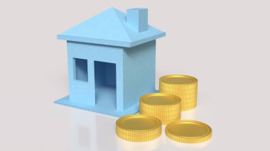 Bina konsepti için mavi ev ve madeni paralar 3d oluşturma