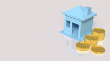 Bina konsepti için mavi ev ve madeni paralar 3d oluşturma
