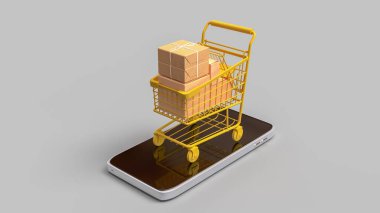 Çevrimiçi konsept 3d Hazırlama için alışveriş arabası mobil üzerinde.