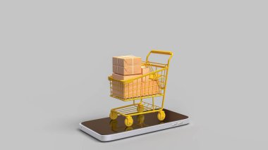 Çevrimiçi konsept 3d Hazırlama için alışveriş arabası mobil üzerinde.