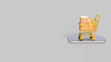 Çevrimiçi konsept 3d Hazırlama için alışveriş arabası mobil üzerinde.