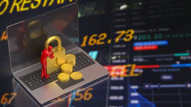 Güvenlik konsepti 3d oluşturma için paralar ve kilitler dizüstü bilgisayara.