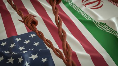 Amerikan ve İran savaş krizi konsepti 3D Hazırlama bayrağı