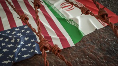 Amerikan ve İran savaş krizi konsepti 3D Hazırlama bayrağı