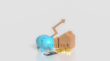  House and Blue Piggy Bank İş Konsepti 3D Hazırlama.