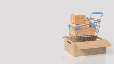 Nakliye veya ulaşım konsepti 3d oluşturma için kart kutusunda alışveriş arabası.