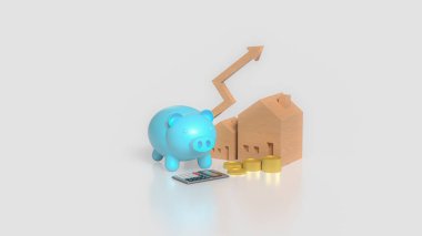  House and Blue Piggy Bank İş Konsepti 3D Hazırlama.