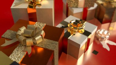 Kutlama veya pazarlama konsepti için altın hediye kutusu 3D Hazırlama.