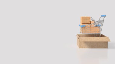 Nakliye veya ulaşım konsepti 3d oluşturma için kart kutusunda alışveriş arabası.