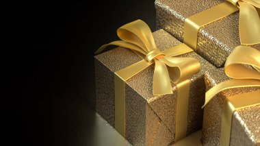 Kutlama için altın hediye kutusu veya 3D sunum konsepti.